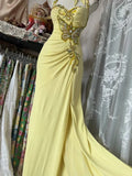 Vintage Yellow Beaded Sweetheart Prom Dress Embroidery Evening Dress Long Mermaid Halter-neck Formal Dress HZ1024