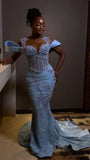 Gorgeous Sky Blue Beaded Prom Dress Long Sweetheart Evening Dress Mermaid Formal Dress HZ1024