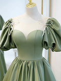 Retro Green Sweetheart Short-sleeved Lace-up Design A-line Satin Party Dress Homecoming Dress HZ1024