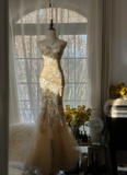 Elegant Mermaid Golden Sparkling Strapless Elegant Beaded Chiffon Evening Dress Prom Dress HZ1024