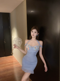 Fashion Light Blue Flower Embroidery Bodycon Design A-line Halter Homecoming Dress HZ1024