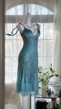 Elegant Blue Sparkling Beaded Spaghetti Strap V-neck Romantic Chiffon Evening Dress Prom Dresses HZ1024