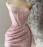 Cute Pink Shiny Sequin Strapless Bodycon Short Party Dress Cocktail Dress Homecoming Dress HZ1024