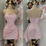 Cute Pink Shiny Sequin Strapless Bodycon Short Party Dress Cocktail Dress Homecoming Dress HZ1024