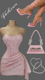 Cute Pink Shiny Sequin Strapless Bodycon Short Party Dress Cocktail Dress Homecoming Dress HZ1024