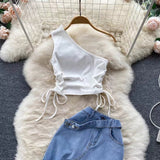 New Fashion Irregular Strap Waistcoat With Raw Edge Denim Skirt Two-piece Set HZ1024