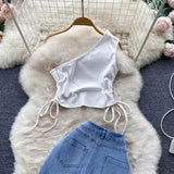 New Fashion Irregular Strap Waistcoat With Raw Edge Denim Skirt Two-piece Set HZ1024