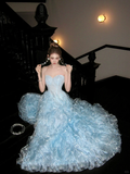 Gorgeous Shiny Light Blue Strapless Design A-Line Tulle Wedding Dress Prom Dress Evening Dress HZ1024