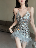 Vintage Silvery Sequin V-neck Design A-line Halter Homecoming Dress HZ1024