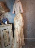 Retro Golden V-neck Sparkling Beaded Backless Design Elegant Satin Evening Dress Prom Dress HZ1024