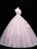 Simple Pink Applique Strapless Sweet 16 Quinceanera A-Line Tulle Floor-length Prom Dress Birthday Dress Evening Dress Ball Gown HZ1024