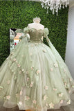 Gorgeous Mint Green Sweetheart 3D Flowers Applique Sweet 16 Quinceanera A-Line Tulle Floor-length Prom Dress Birthday Dress Evening Dress Ball Gown HZ1024