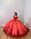 Gorgeous Red Applique Beaded Sweetheart Off-the-shoulder Sweet 16 Quinceanera A-Line Tulle Floor-length Prom Dress Birthday Dress Evening Dress Ball Gown HZ1024