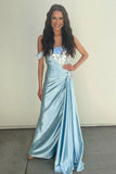 Light Blue One-Shoulder Ruching Long Formal Dress with Broken Mirrors HZ1024
