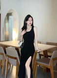 New Fashion Black Sleeveless Elegant Split Spaghetti Strap Dress HZ1024