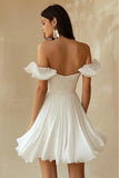 Charming White Chiffon Pleated Ruffled Hem Design A-line Off-the-shoulder Homecoming Dress HZ1024