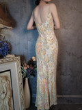 Vintage Floral Spaghetti Strap Sparkling Beaded Design Romantic Chiffon Evening Dress Prom Dress HZ1024