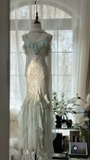 Elegant Mermaid Sparkling Beaded Spaghetti Strap Romantic Chiffon Evening Dress Prom Dresses HZ1024