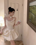 Vintage Beige Pleated Bow Design A-line Lace 3D Flower Spaghetti Strap Homecoming Dress HZ1024
