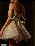 Cute Champagne Homecoming Dress Glittering Sequin Party Dress Pearl Straps A-Line Short Cocktail Dress HZ1024