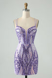 Gorgeous Purple Sequined Design A-line Bodycon Spaghetti Strap Homecoming Dress HZ1024