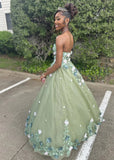 Retro Green Sweetheart Applique Sweet 16 Quinceanera A-Line Tulle Floor-length Prom Dress Birthday Dress Evening Dress Ball Gown HZ1024