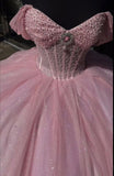 Beautiful Pink Sweetheart Sequin Off-the-shoulder Sweet 16 Quinceanera A-Line Tulle Floor-length Prom Dress Birthday Dress Evening Dress Ball Gown HZ1024