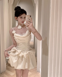 Vintage Beige Pleated Bow Design A-line Lace 3D Flower Spaghetti Strap Homecoming Dress HZ1024