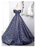 Vintage Floral Satin Sweet 16 Quinceanera Bow Off-the-shoulder Evening Dress Long Ball Gown HZ1024