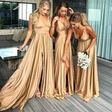 Elegant V-neck A-Line Satin High Slit Party Dress Evening Gown Bridesmaid Dress HZ1024