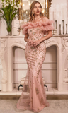 Vintage Beaded Mermaid Prom Dress Off-the-shoulder Evening Dress Long Formal Dress HZ1024