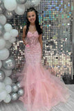 Vintage Pink Applique Strapless Sequin Evening Gown Mermaid Sweetheart Party Dress Long Formal Dress HZ1024
