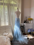 Retro Light Blue Applique Backless Design Romantic Chiffon Evening Dress Prom Dress HZ1024