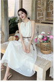 Simple Fashion White Sleeveless Design Beach Holiday A-line with Belt Jacquard Halter Dress HZ1024