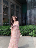 New Fashion Pink Floral Design Beach Holiday Long A-line Strapless Dress HZ1024
