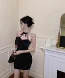 Vintage Black Sequin Bow Bodycon Design A-line Halter Homecoming Dress HZ1024