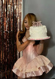 Cute Pink Satin Homecoming Dress Spaghetti Strap A-Line Party Dress Short Tiered Cocktail Dress HZ1024