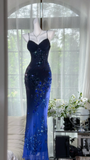 Gorgeous Navy Blue Sparkling Beaded V-neck Elegant Mermaid Chiffon Evening Dress Prom Dresses HZ1024