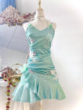 Fashion Mint Green Sparkling Sequin Spaghetti Strap Ruffled Hem Short 16th Birthday Party Dress Homecoming Dress HZ1024