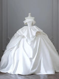 Elegant White Satin Off-the-shoulder Ruffle Ball Gown Design A-Line Wedding Dress HZ1024