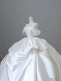 Elegant White Satin Off-the-shoulder Ruffle Ball Gown Design A-Line Wedding Dress HZ1024