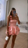 Vintage Pink Satin Short A-Line Party Dress Cocktail Dress Homecoming Dress HZ1024