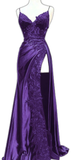 Vintage Purple Applique Satin Prom Dress Spaghetti Strap Evening Gown V-neck Slit Party Dress Long Formal Dress HZ1024