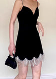 Vintage Black Sweetheart Tassel Spaghetti Strap Sheath Short Party Dress Cocktail Dress Homecoming Dress HZ1024