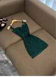 Vintage Dark Green Spaghetti Strap Sheath Short Party Dress Cocktail Dress Homecoming Dress HZ1024