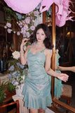 Fashion Mint Green Sparkling Sequin Spaghetti Strap Ruffled Hem Short 16th Birthday Party Dress Homecoming Dress HZ1024