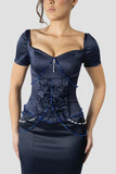 Vintage Dark Blue Mermaid Design Valentine Couture Satin Short-sleeved Prom Dress Evening Dress HZ1024