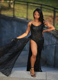 Sexy Black Mermaid Strapless Sequined High Split Long Floor Length Prom Dresses HZ1024