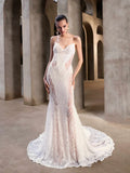 Gorgeous White Lace Mermaid Spaghetti Strap Wedding Dress Prom Dress Evening Dress HZ1024