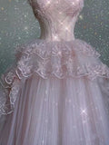 Vintage Pink Lace Shiny Sequin A-Line Tulle Prom Dress Party Dress Evening Dress HZ1024